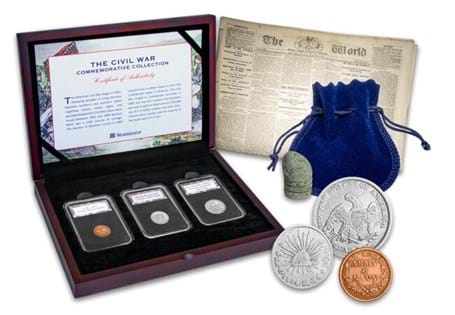 This civil war set contains a real bullet from the Civil War, an Army and Navy token, a Mexican 1825-1869 Silver 1 Real, a US Seated Liberty Silver Quarter 1861-1865 and an original newspaper.