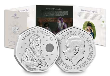The Official Albus Dumbledore 2023 UK 50p BU Coin designed by Ffion Gwillim, struck to Brilliant Uncirculated Quality