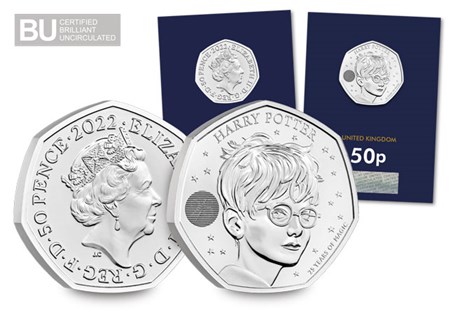 This 2022 UK Harry Potter 50p coin has been struck to commemorate 25 years since the publication of the first Harry Potter book. It features Harry himself, and has been protectively encapsulated.