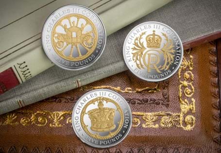 This set brings together three £5 coins celebrating the Coronation of King Charles III, struck from silver with selective 24ct Gold plating.