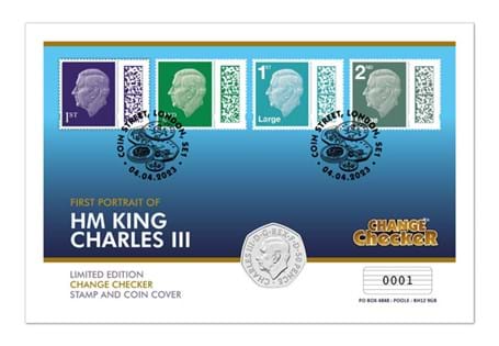 The First Portrait of King Charles III Stamp and Coin Cover includes the first UK 50p and postage stamps to feature the King's portrait.