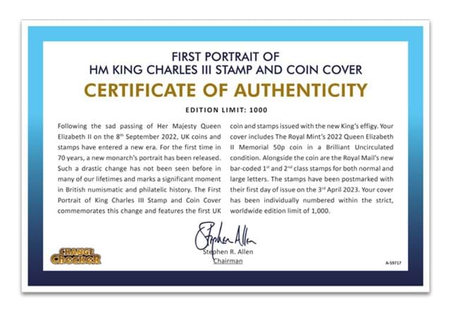 King Charles III Postage Stamp Cover Certificate
