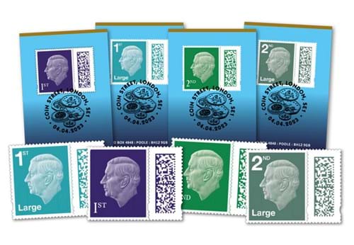 All 4 King Charles III Postage Stamps With Postmarked Cards