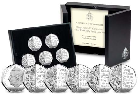 This Silver Proof 50p Set celebrates the Coronation of King Charles III. It brings together five 50ps featuring a line from the National Anthem.