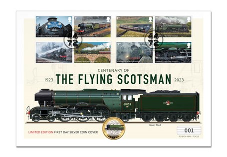 This UK coin cover combines the Royal Mint's official UK 2023 Flying Scotsman Silver Proof £2 coin and Royal Mail's special Flying Scotsman stamps. LEP: 100