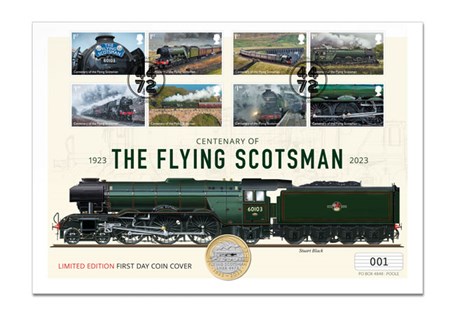 This UK 2023 Flying Scotsman £2 coin cover combines the Royal Mint's official UK Brilliant Uncirculated £2 coin with Royal Mail's special Flying Scotsman stamps. LEP: 495
