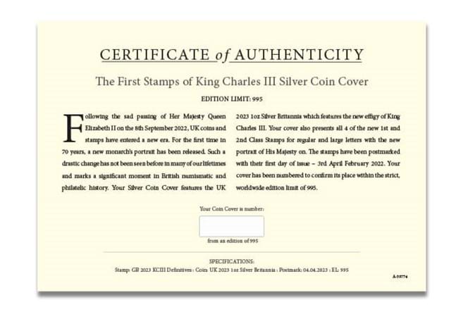 KCIII Britannia Cover Certificate Of Authenticity