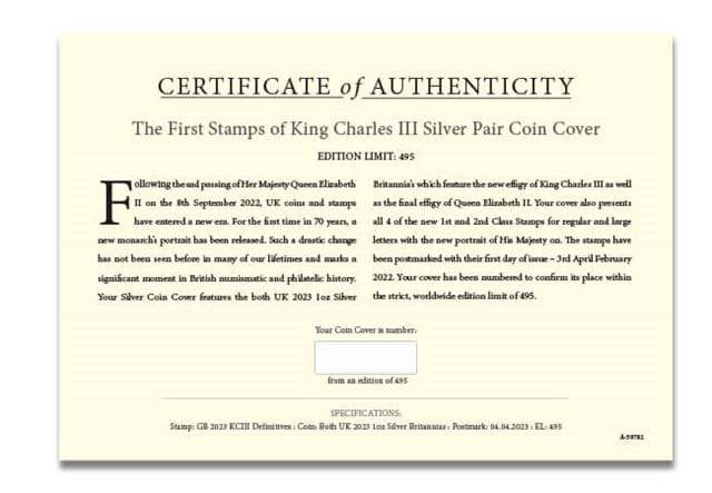 KCIII QEII Britannia Pair Cover Certificate Of Authenticity