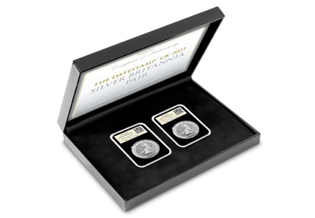 Datestamp Silver Britannia QEII And KCIII Pair Capsules In Display Box