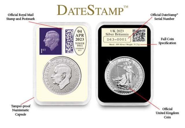 Datestamp Silver Britannia QEII And KCIII Pair Capsules With Labels