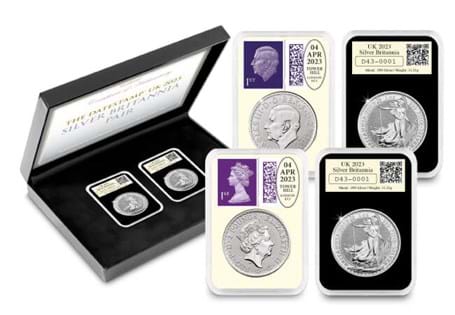 DateStamp™ combining the first 1oz Silver Britannia and Definitive stamps of King Charles III with the last 1oz Silver Britannia and definitive stamps of Queen Elizabeth II