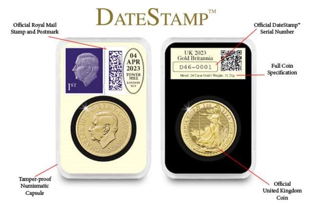 Datestamp 1Oz Gold Britannia KCIII Capsules With Labels