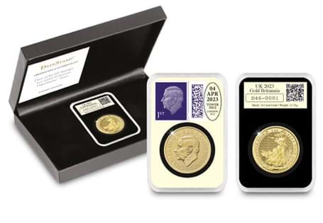 DateStamp combining the first 1oz Gold Britannia and Definitive stamps of King Charles III’s reign.