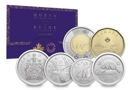 The Royal Canadian Mint didn't issue coins featuring QEII into circulation in 2023. Instead, they struck this limited collector's edition of coins, from the 5 cent to 2 dollar.