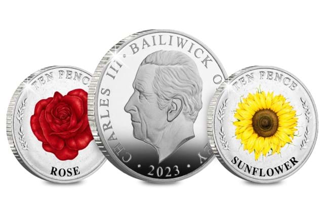 Flower 10Ps And King Charles III Coronation £5 Coin Obverse