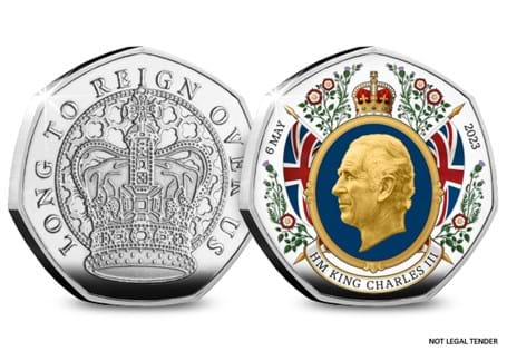 Own the commemorative celebrating the Coronation of King Charles III - featuring St. Edward's Crown and the text 'Long to Reign Over Us'.