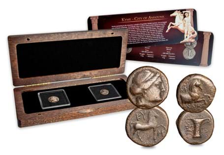 This two-coin set contains two antique bronze coins from the city of Kyme, founded by the Amazons over 2300 years ago.