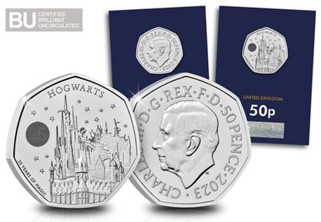 The 2023 UK Hogwarts School of Witchcraft and Wizardry 50p has been protectively encapsulated and certified as Brilliant Uncirculated quality.