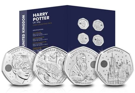 A collector's pack that includes all 4 UK Harry Potter 50p coins: Harry Potter 50p, Hogwarts Express 50p, Professor Dumbledore 50p, Hogwarts School of Witchcraft and Wizardry 50p.
