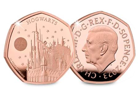 The official Hogwarts School 2023 UK 50p Gold Proof Coin designed by Ffion Gwillim struck to 916.7 Gold