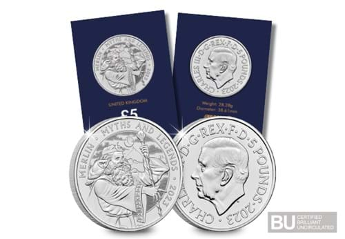 Certified BU Merlin £5 Obverse Reverse with Change Checker Packaging