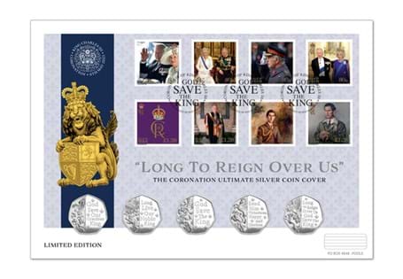 Your coin and stamp cover includes 5 National Anthem Silver 50p coins and 8 Isle of Man postage stamps commemorating King Charles III.