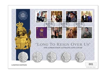 Your coin and stamp cover includes 5 National Anthem BU 50p coins and 8 Isle of Man postage stamps commemorating King Charles III and Queen Camilla. 
