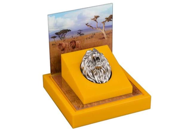 Lion Head 3Oz Silver Coin In Box Side Angle