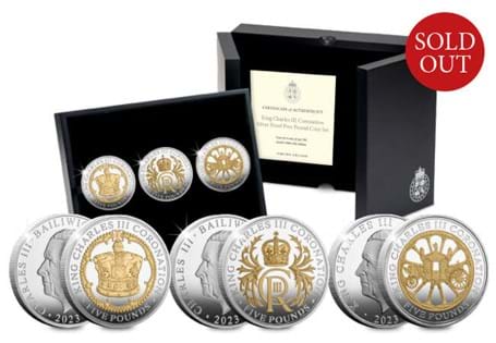 This set brings together three £5 coins celebrating the Coronation of King Charles III, struck from silver with selective 24ct Gold plating.