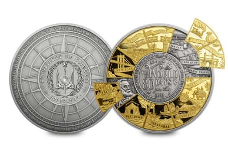 This 180g Pure Silver coin shows the different destinations featured in Around the World in 80 Days on its removeable puzzle pieces, while the life of Jules Vernes is depicted underneath. 