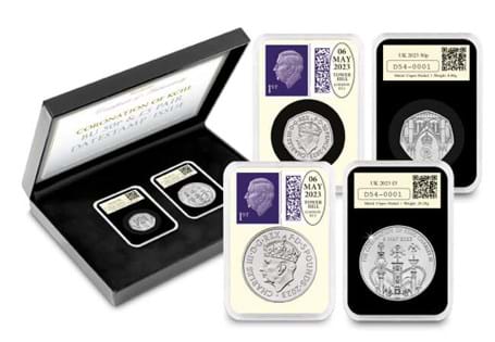 Includes the UK 2023 Brilliant Uncirculated Coronation 50p & £5 coins, alongside a Royal Mail King Charles III Stamp