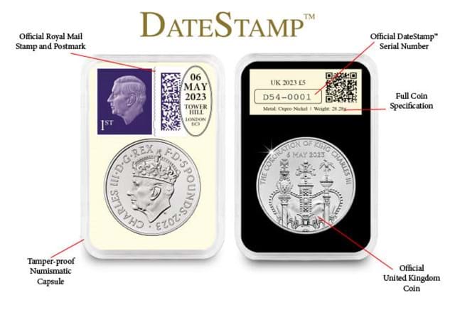 Coronation Of KCIII BU 50P And £5 Pair Datestamp With Labels