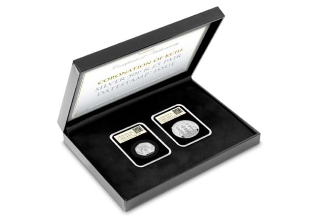 Coronation Of KCIII Silver 50P And £5 Pair Datestamp In Display Box