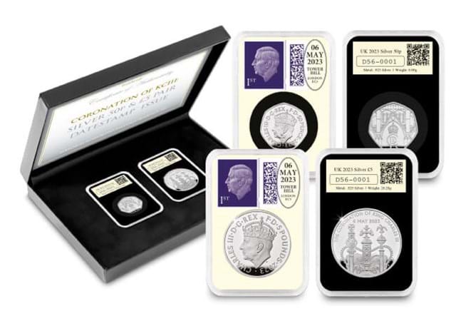 Coronation Of KCIII Silver 50P And £5 Pair Datestamp Full Set