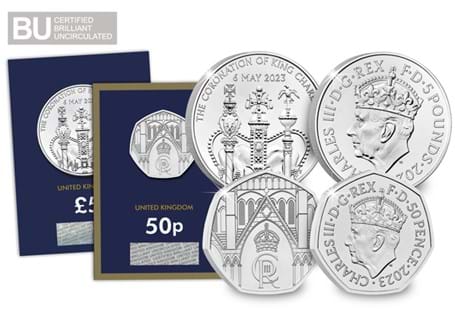 The 2023 UK £5 and 50p commemorate King Charles III's Coronation. Both coins are struck to BU quality. The 50p comes in a special edition gold-framed card.