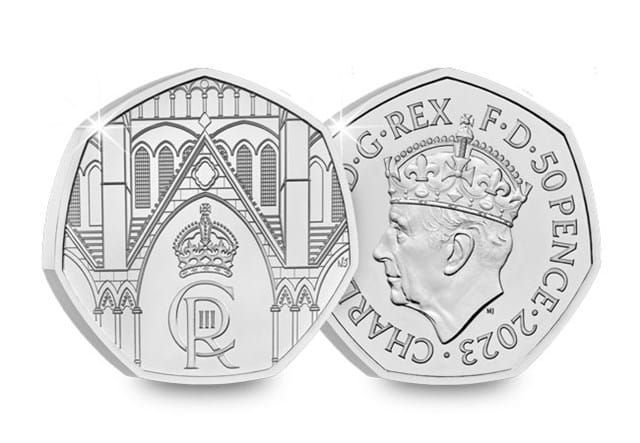 2023 KCIII Coronation Coin And Stamps Cover BU 50P Obverse Reverse