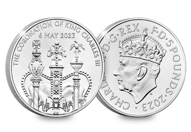 2023 KCIII Coronation Coin And Stamps Cover BU £5 Obverse Reverse