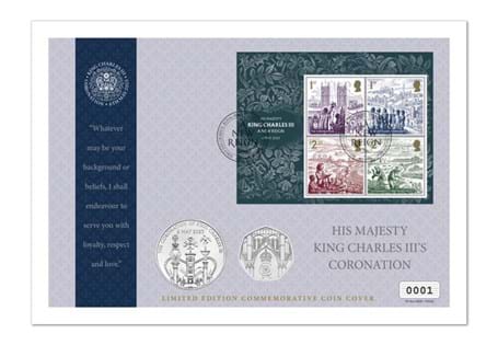 This coin cover houses the Royal Mint's UK 2023 Coronation 50p & £5 in Brilliant Uncirculated quality. It also features Royal Mail's Coronation stamps and has been postmarked on 6th May 2023. 