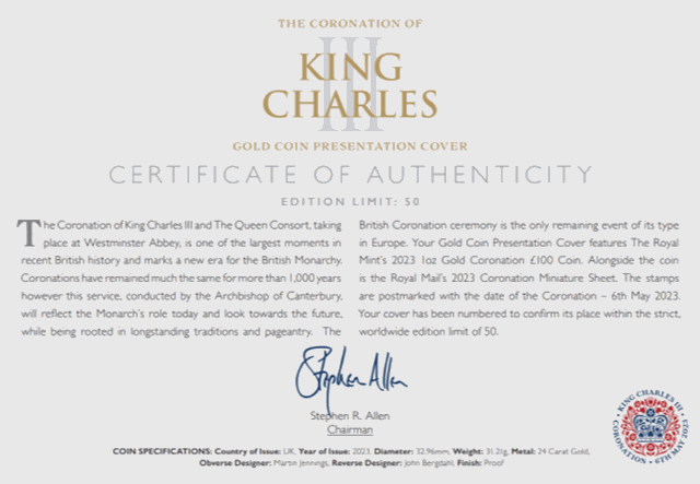 King Charles III Coronation Coin And Stamp Cover Gold 1Oz Certificate Of Authenticity