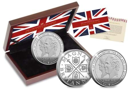 This commemorative has been issued to celebrate the Coronation of King Charles and Queen Camilla on the 6th May 2023. It has been struck from5oz of 999/1000 Silver to a Proof-Like finish.