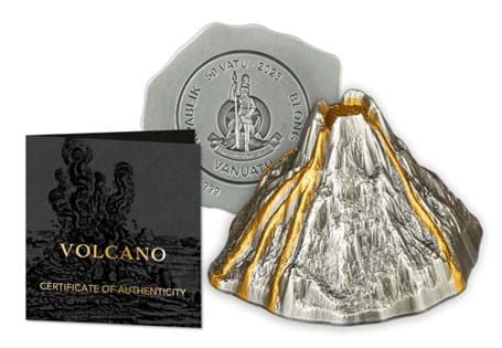 Struck from 5oz of 99.9% Pure Silver, this stunning three-dimensional Volcano coin features the addition of finely crafted 24K gold plating on the lava running down sides. Edition limit: 750.
