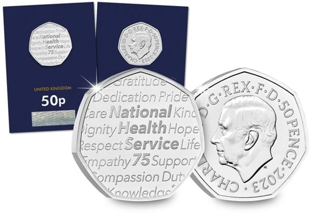 2023 UK NHS 50p in packaging and up close obverse and reverse