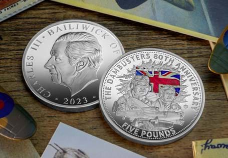 This £5 coin has been issued by Jersey to mark the 80th anniversary of the Dambusters raid. It has been struck from .925 Silver with selective colour print to a proof finish. EL: 99