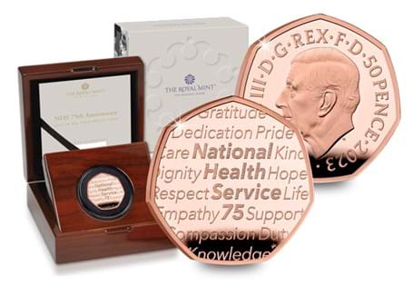 This 50p issued by The Royal Mint celebrates the 75th anniversary of the NHS and has been struck to 22 Carat Gold with a Proof Finish. It has an edition limit of 250