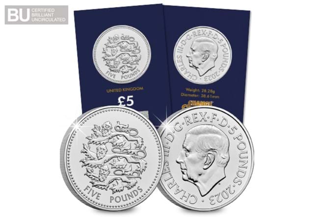 2023 UK Pride of England CERTIFIED BU £5 in Change Checker packaging with coin reverse and obverse up close and BU logo