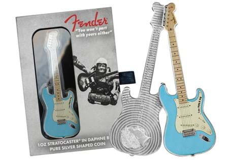 This 1oz Pure Silver Guitar shaped coin captures the retro Fender Guitar perfectly. Officially licensed by Fender Stratocaster in Daphne Blue. Arrive in Custom box. EL: 6,000