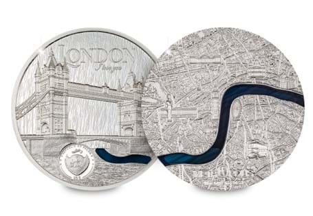 Struck from 2oz of 99.9% Silver, this unique coin shows London from a birds-eye view, with the obverse showing Tower Bridge. Both reverse & obverse feature a stunning blue stained glass River Thames.