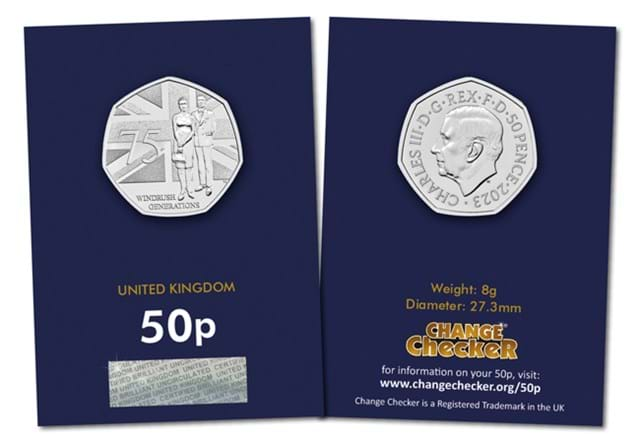 2023 UK 75 Years of the Windrush Generation 50p obverse and reverse in Change Checker packaging