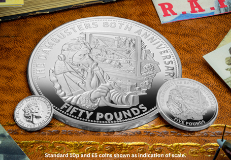 This Fifty Pound coin has been issued by Guernsey to mark the 80th anniversary of the Dambusters Raid. It has been struck from 10oz of .999 Silver to a Proof finish. EL: 55