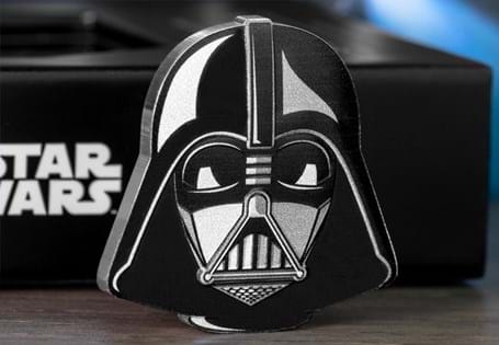 Struck from 1oz of .999 fine silver, this unique coin is shaped to replicate the 'face' of Darth Vader. It gives a 3D impression, following the shape of his helmet.